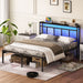 Giga platform bed frame with storage headboard, USB C port, LED light, and modern design, shown in a well-lit bedroom setting.