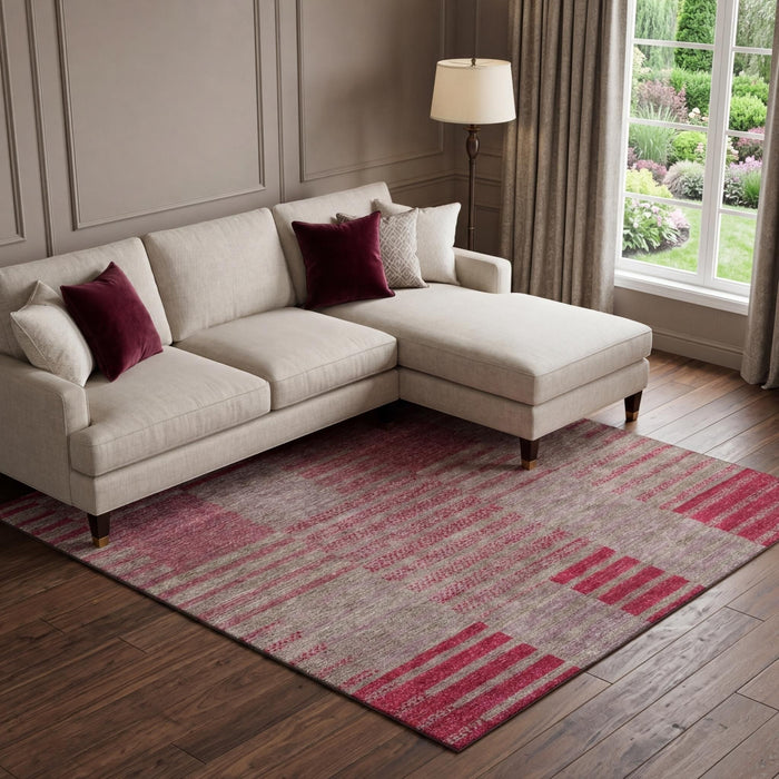10' X 14' Striped Washable Area Rug With UV Protection (675666) - Burgundy / Gray