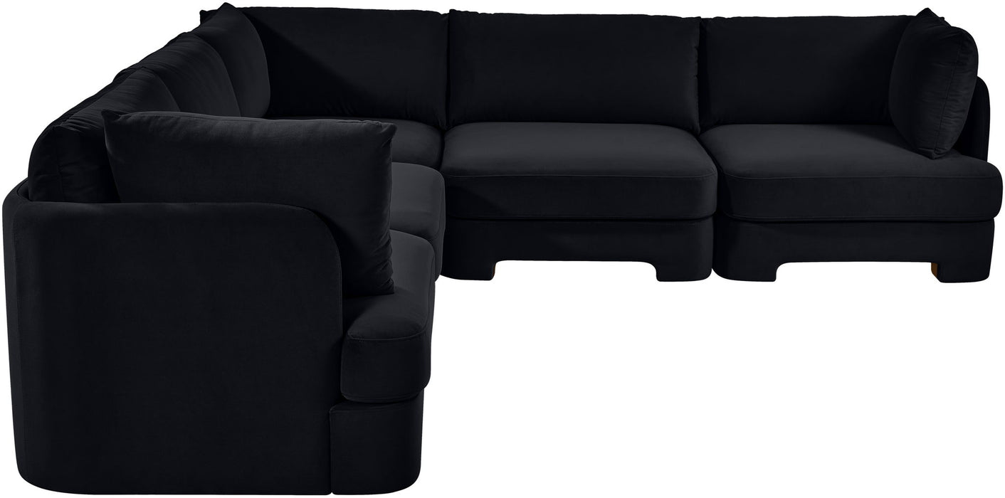 Velvet performance fabric upholstered Meridian Furniture 5-piece corner sectional sofa with plush cushions and modern design.