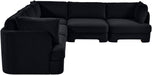 Velvet performance fabric upholstered Meridian Furniture 5-piece corner sectional sofa with plush cushions and modern design.