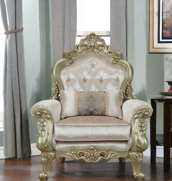 Fabric Damask Tufted Arm Chair And Toss Pillow - Cream And Antiqued White