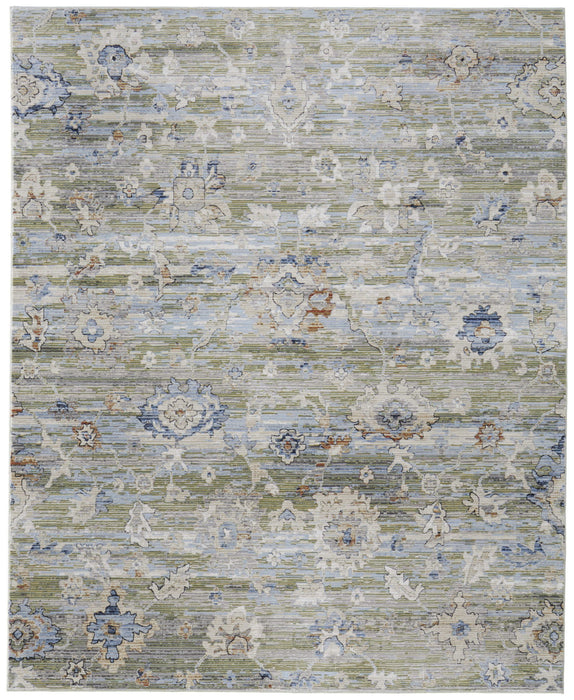 9' x 13' Floral Power Loom Worn Faded Area Rug - Ivory Green And Blue