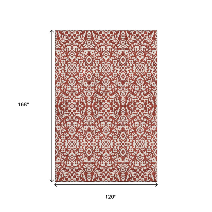 10' X 14' Damask Washable Area Rug With UV Protection (673169) - Red / Ivory