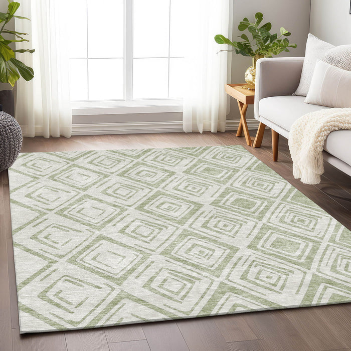 10' X 14' Diamond Washable Area Rug With UV Protection - Artichoke Green And Ivory