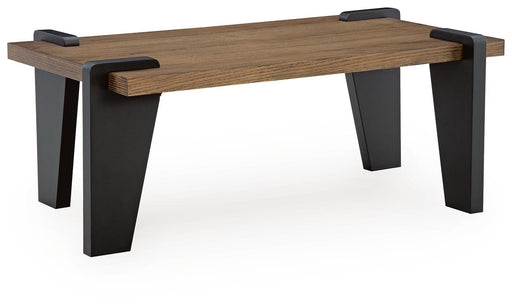 Signature Design by Ashley® Weathermore rectangular cocktail table with a sleek wooden surface and sturdy metal legs.