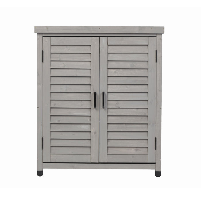 Giga potting bench with storage cabinet and metal tabletop, outdoor garden work table with organized storage and durable surface.