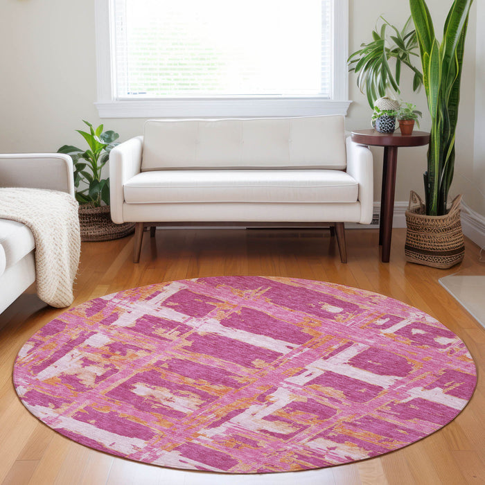 8' Transitional Striped Washable Round Rug With UV Protection - Blush