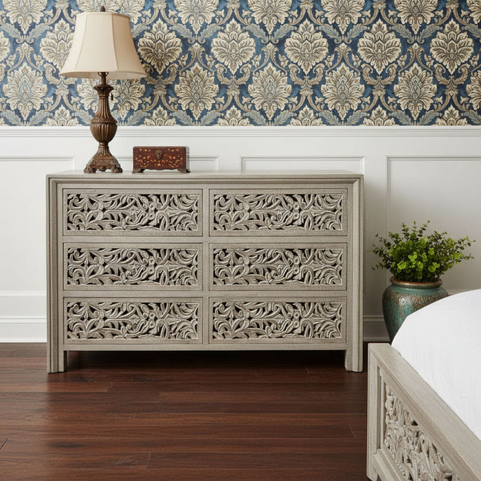 57" Solid Wood Six Drawer Dresser - Gray