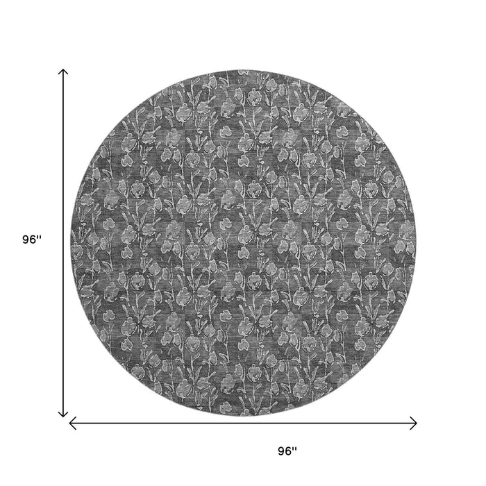 8' Floral Washable Round Rug With UV Protection (656439) - Gray / Silver