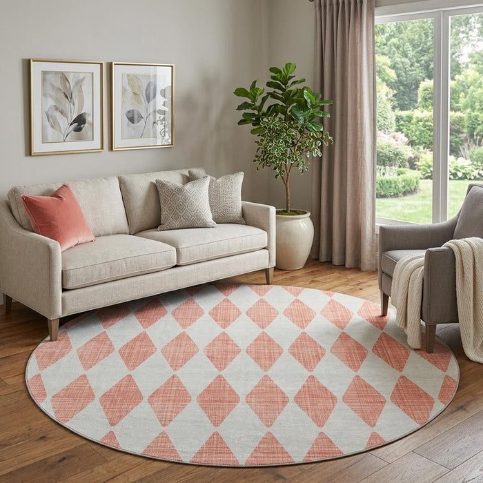 8' Diamond Washable Round Rug With UV Protection (650113) - Salmon / Ivory