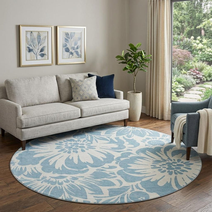 8' Floral Washable Round Rug With UV Protection (648637) - Denim Blue / Ivory