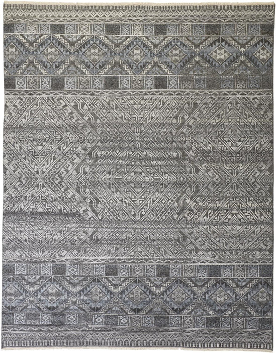 12' x 15' Geometric Hand Knotted Area Rug - Gray Ivory And Blue