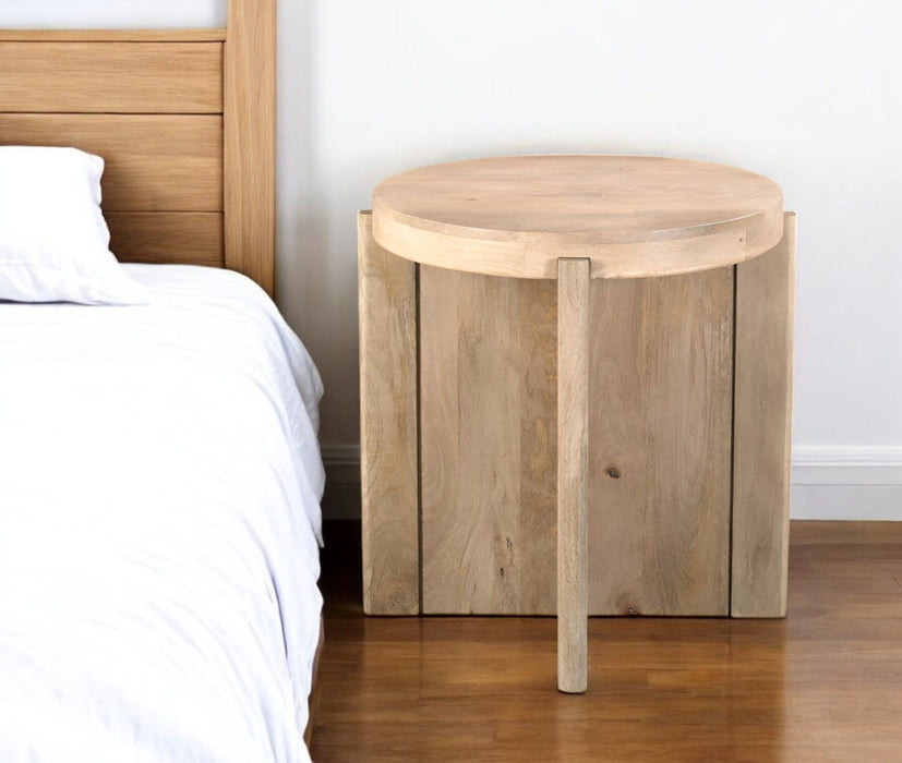 24" Solid Wood Round Cross Leg End Table - Beige