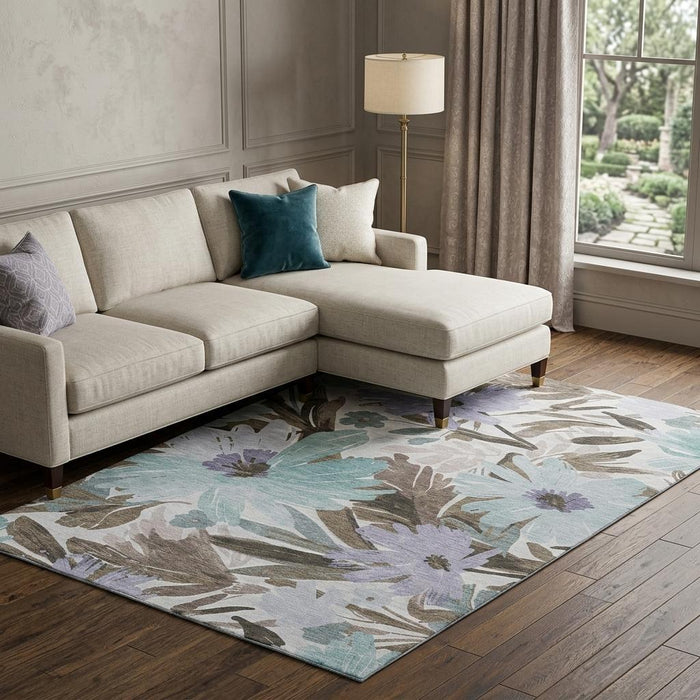 10' X 14' Floral Washable Area Rug With UV Protection (693978) - Taupe / Blue / Lavender