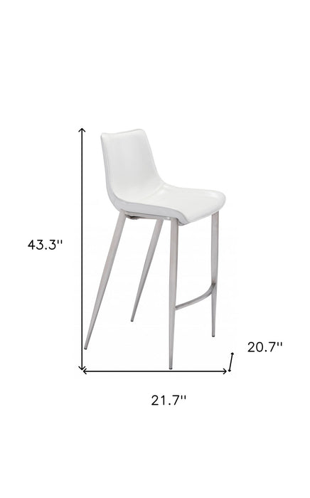 Set of two white and silver steel low back bar height chairs for bar or kitchen counter seating by HomeRoots.