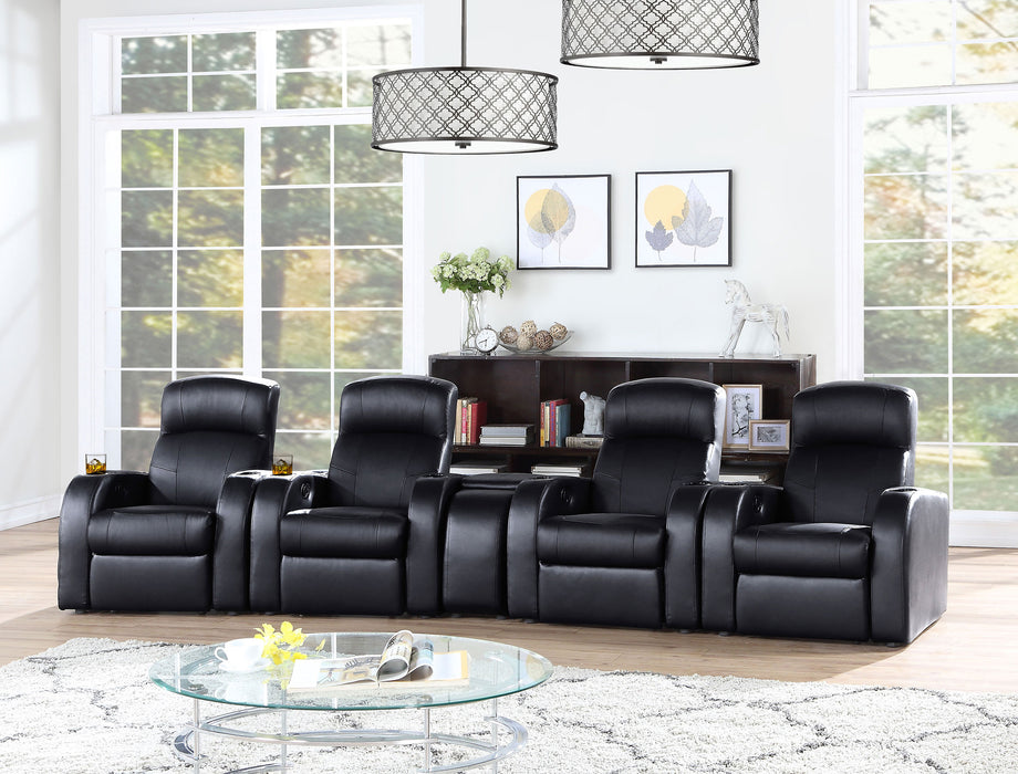 CoasterEssence Cyrus 5-piece upholstered home theater seating set in black with reclining chairs