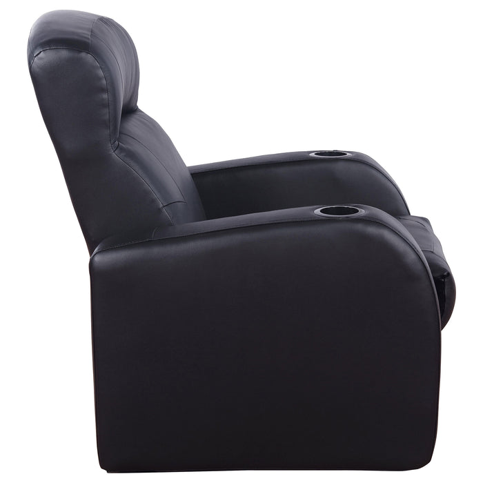 CoasterEssence Cyrus 5-piece upholstered home theater seating set in black with padded recliners and cup holders
