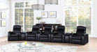 CoasterEssence Cyrus 7-piece upholstered home theater seating in dark leather with reclining chairs and cup holders