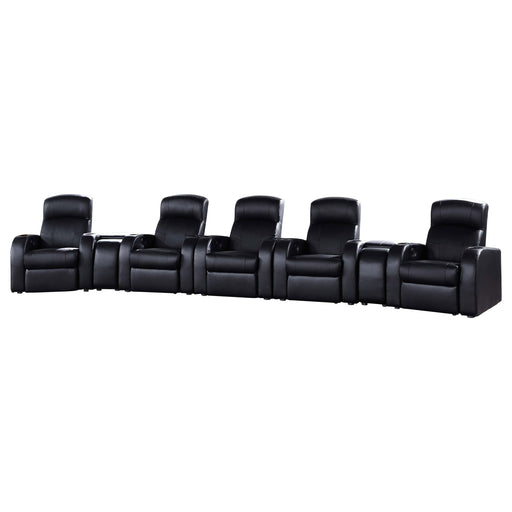 CoasterEssence Cyrus 7-piece upholstered home theater seating with padded reclining chairs and console arms