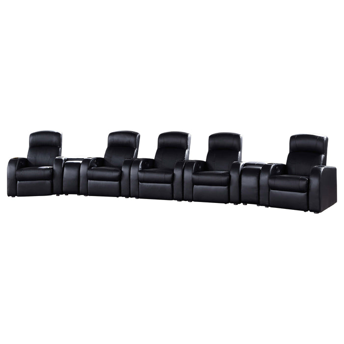 CoasterEssence Cyrus 7-piece upholstered home theater seating with padded reclining chairs and console arms