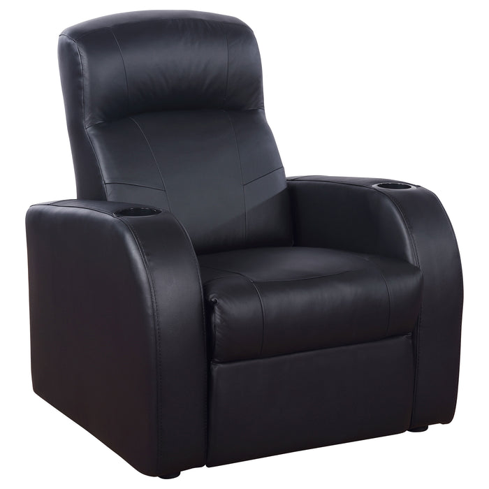 CoasterEssence Cyrus 7-piece upholstered home theater seating set in a dark finish with reclining chairs