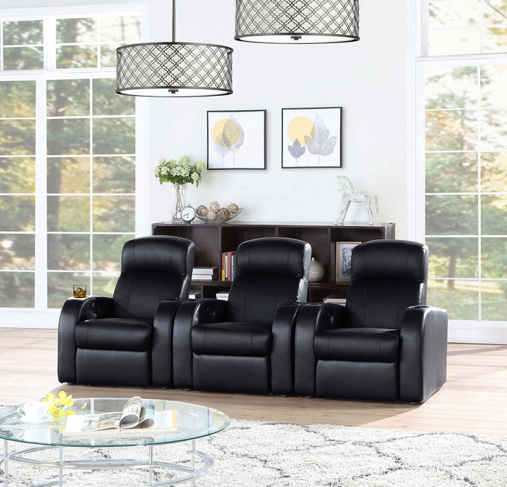 CoasterEssence Cyrus black upholstered track arm recliner chair in a modern furniture design