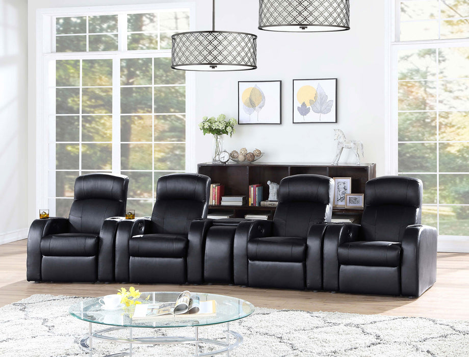 CoasterEssence Cyrus upholstered track arm recliner in black fabric with padded arms and cushioned backrest