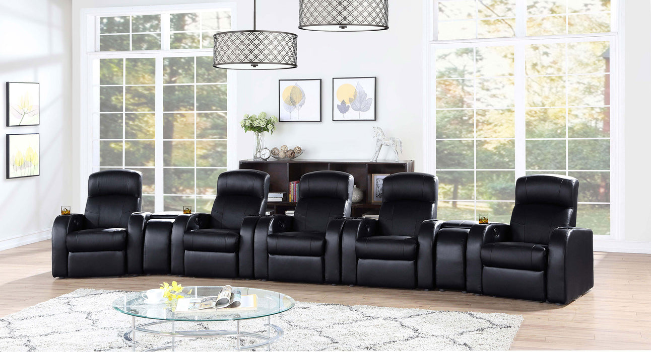 CoasterEssence Cyrus upholstered track arm recliner in black fabric; front view of cushioned furniture chair