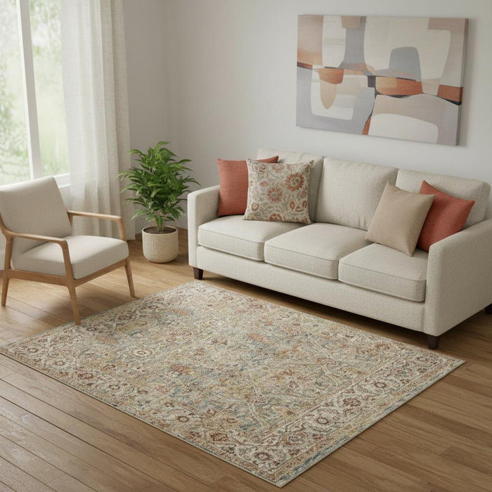 5' X 8' Floral Distressed Area Rug (550330) - Ivory / Blue / Orange