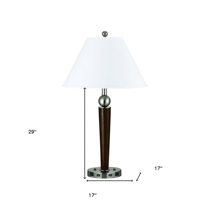 Metal Two Light Geometric USB Table Lamp With White Empire Shade - Nickel