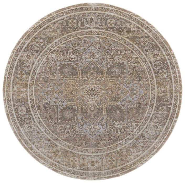 8' Round Medallion Power Loom Distressed Area Rug - Brown And Ivory
