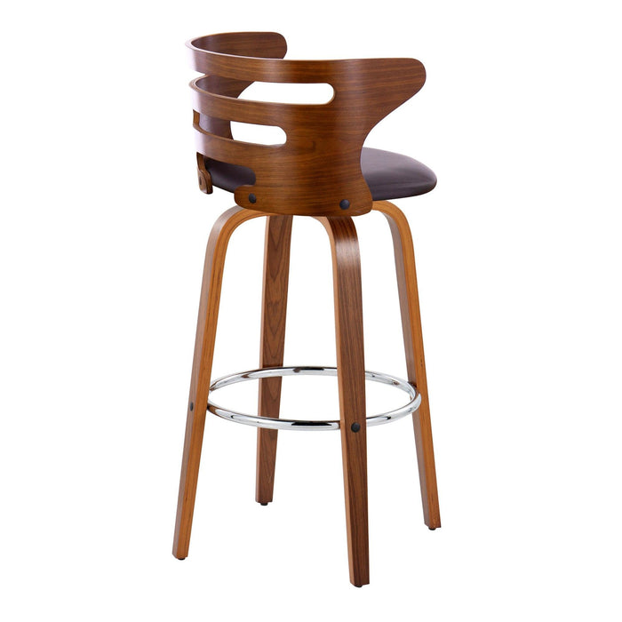 Cosi - 30" Fixed-Height Barstool With Swivel And Round Chrome Metal Footrest (Set of 2) - Walnut Wood And Brown Faux Leather