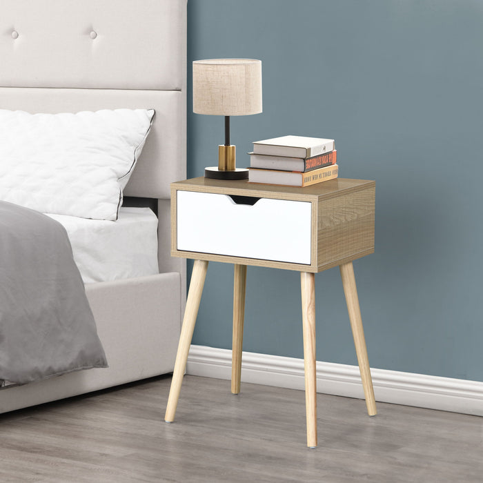 Giga mid-century modern white and wood accent nightstand with one drawer, ideal as a bedroom side table or storage cabinet.