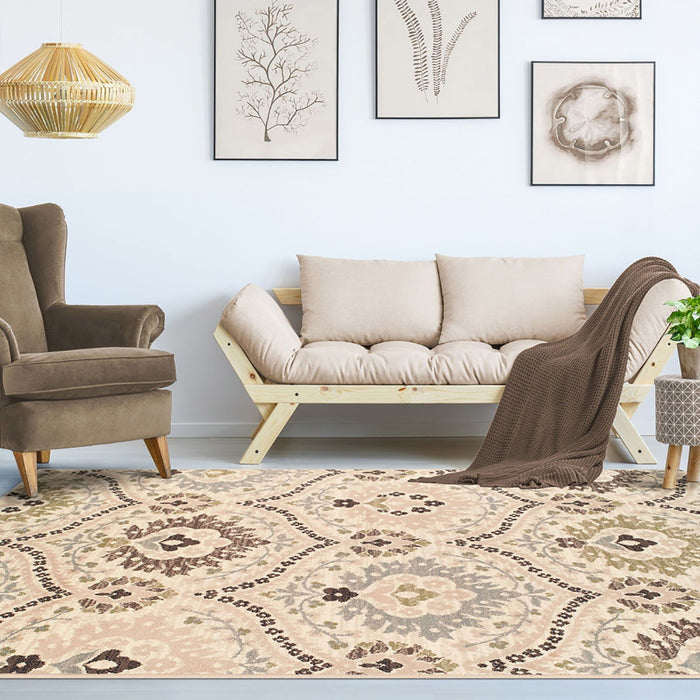 9' x 12' Floral Power Loom Distressed Stain Resistant Area Rug - Ivory