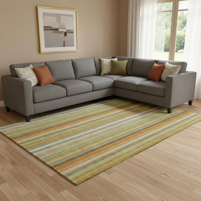 9' X 12' Striped Washable Area Rug With UV Protection (648393) - Khaki / Orange / Beige