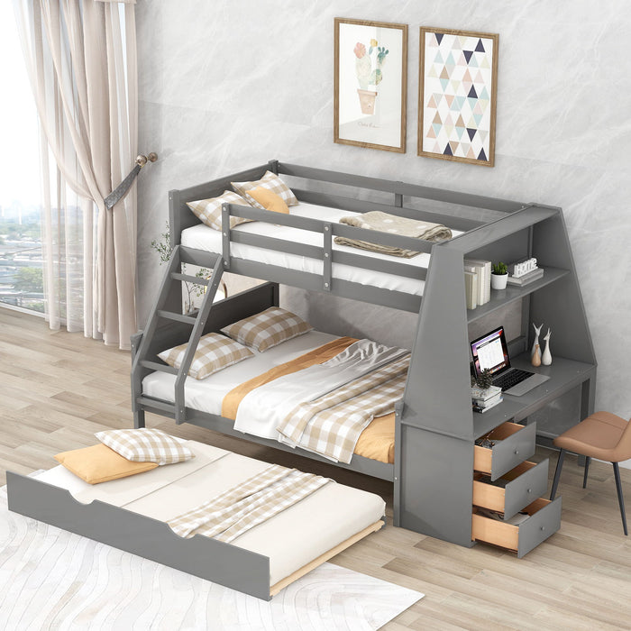 Giga bunk bed with built-in desk, trundle, three storage drawers, and shelf, designed for space-saving bedroom organization.
