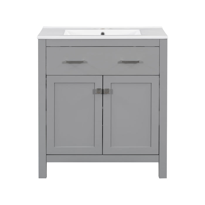 Giga modern bathroom vanity with ceramic sink, two-door cabinet, shelf, soft-close doors, ideal for contemporary bathrooms