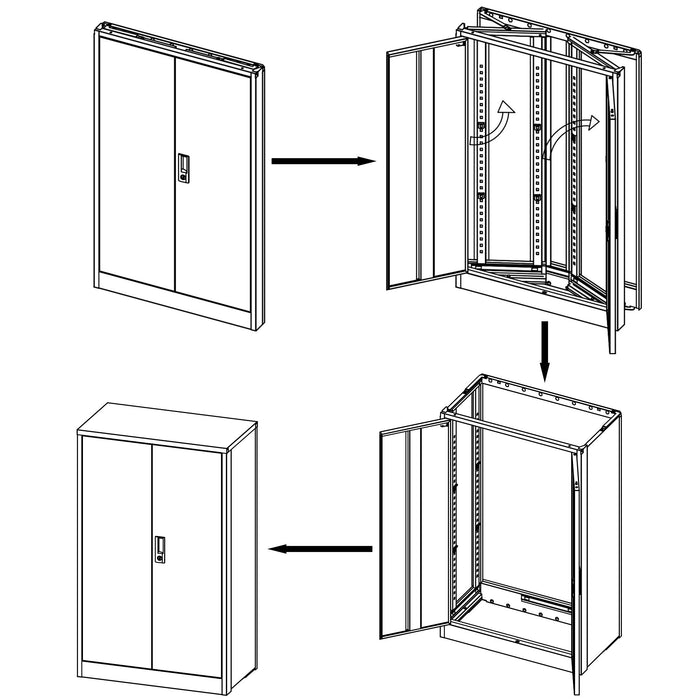 Giga metal filing cabinet with locking doors, adjustable shelves, ideal for home office, school, or garage storage.
