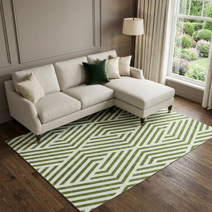 9' X 12' Geometric Washable Area Rug With UV Protection (648573) - Olive Green / Ivory