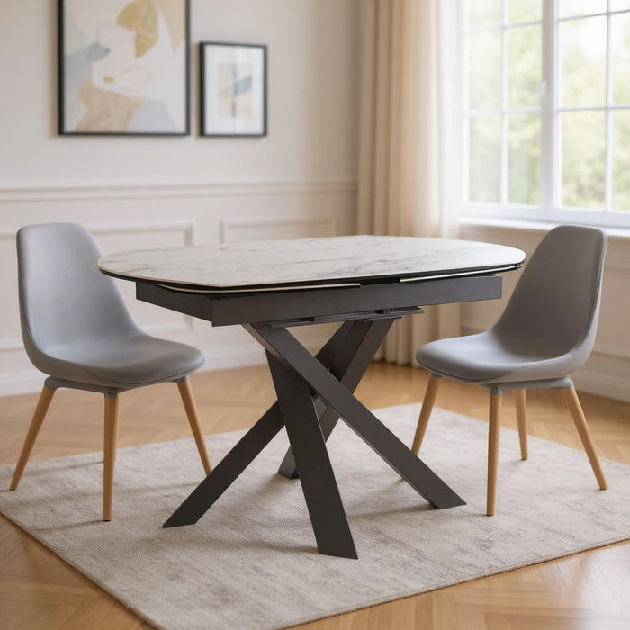 47" Ceramic And Metal Self-Storing Leaf Cross Leg Base Oval Extendable Dining Table - Gray / White