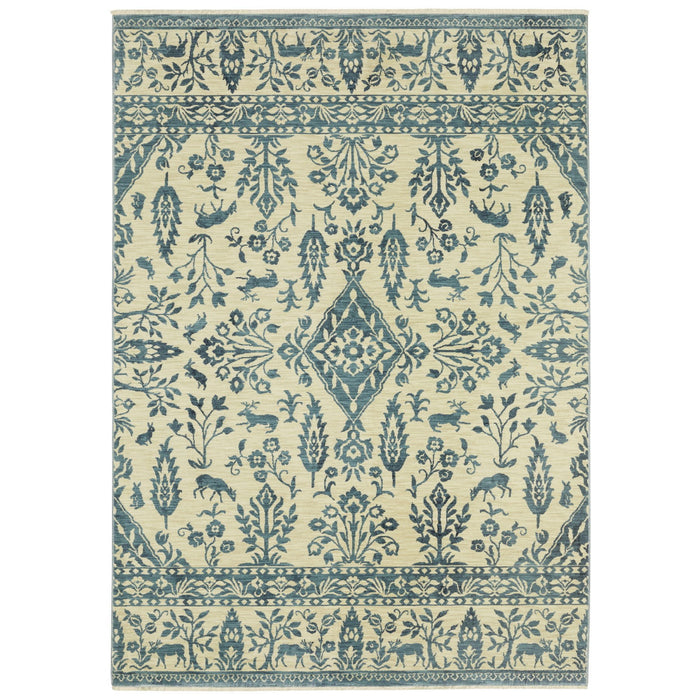 11' X 8' Oriental Area Rug With Fringe - Ivory / Blue
