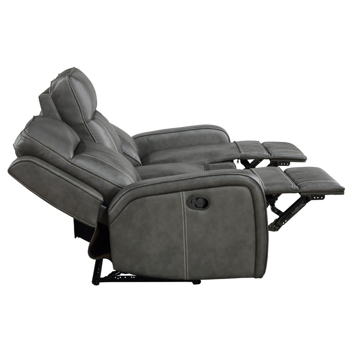Raelynn Upholstered Track Arm Motion Sofa in grey by CoasterEveryday