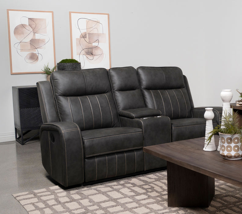 Raelynn grey upholstered track arm motion loveseat by CoasterEveryday