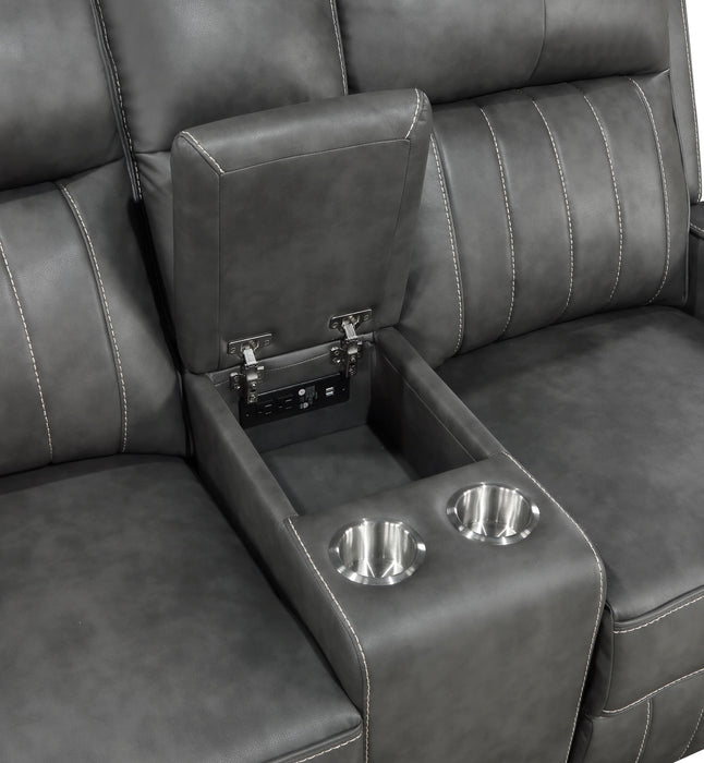 CoasterEveryday Raelynn upholstered track arm motion loveseat in grey fabric