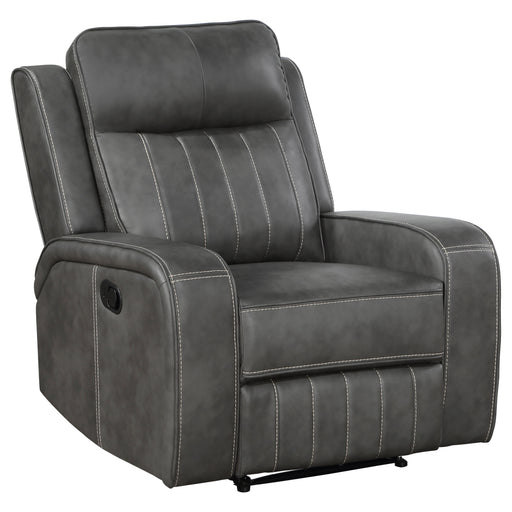 CoasterEveryday Raelynn upholstered track arm recliner in grey fabric with cushioned seat and backrest