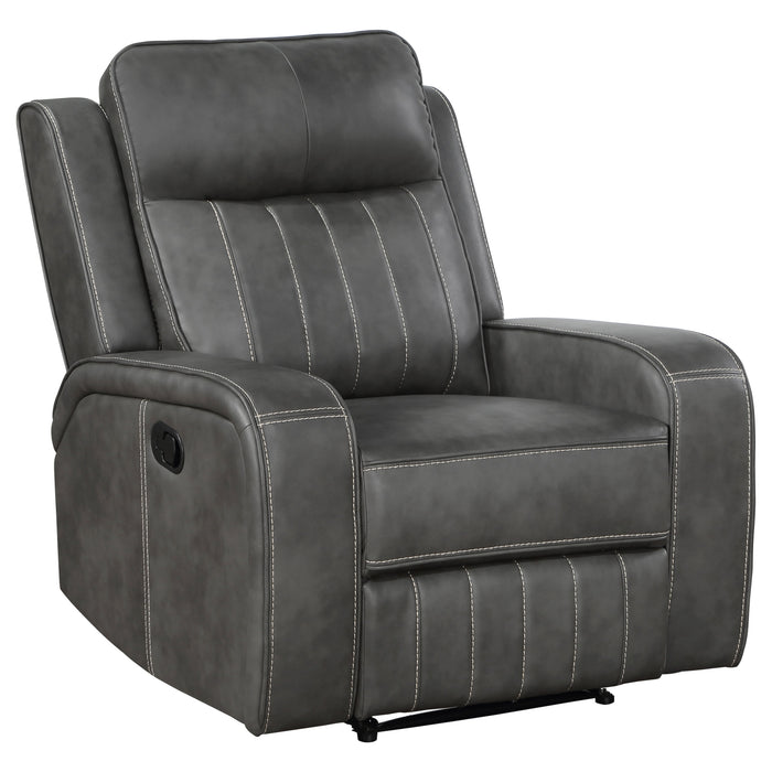 CoasterEveryday Raelynn upholstered track arm recliner in grey fabric with cushioned seat and backrest