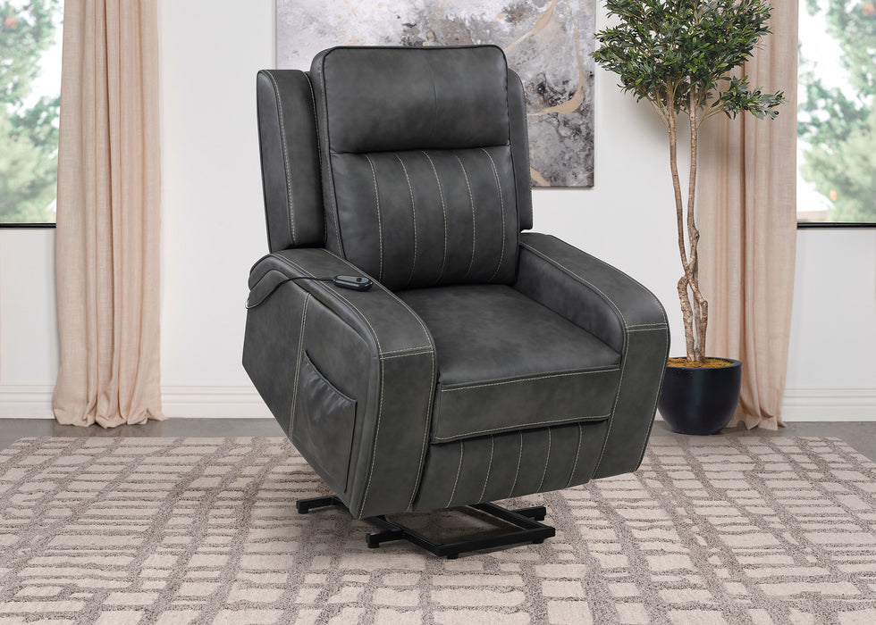 Raelynn grey upholstered power lift recliner chair by CoasterEveryday with padded arms and reclining backrest
