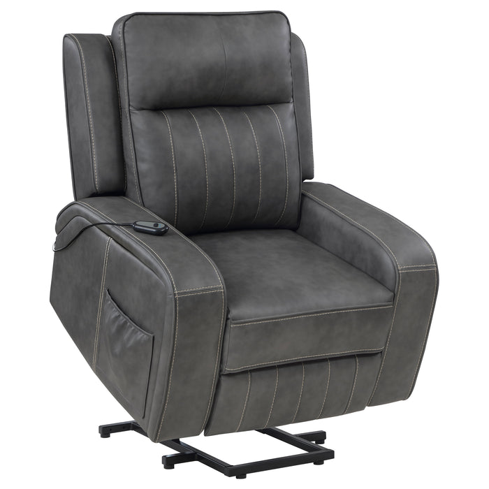 CoasterEveryday Raelynn grey upholstered power lift recliner chair with padded arms and backrest