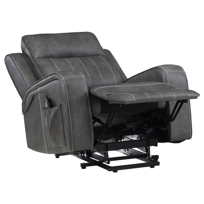 Raelynn grey upholstered power lift recliner chair by CoasterEveryday, side view