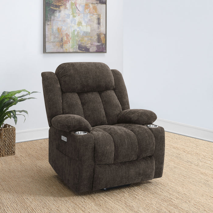 Dark brown upholstered CoasterEveryday power lift recliner chair with plush cushioning and armrests, designed for comfort and support.